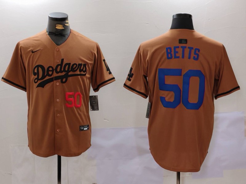 Men Los Angeles Dodgers 50 Betts army green joint name 2024 Nike MLB Jersey style 1
